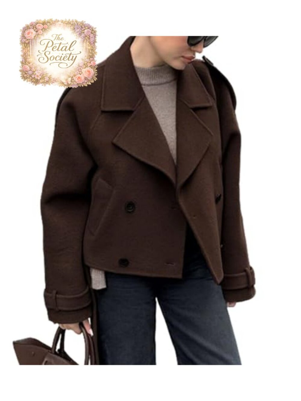 CHARTOU Women Crop Wool Pea Coat Lapel Collar Office Work Short Winter Jacket